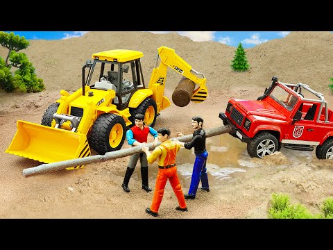 Car Crane Rescue Truck, Log Truck - Red Jeep and Yellow Sports Car