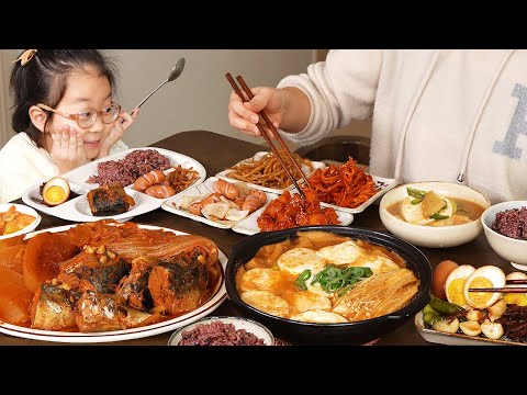 요리 먹방 :) 남편과 딸래미 밥해 먹이기(고등어조림, 순두부된장찌개, 장조림, 진미채, 매콤 감자조림).