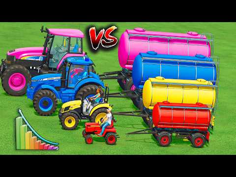 Mini to BIGGEST EPIC Tractors and WATER TANKERS VS HARD MUDDY PARKOUR with TESLA TRUCKS - FS22