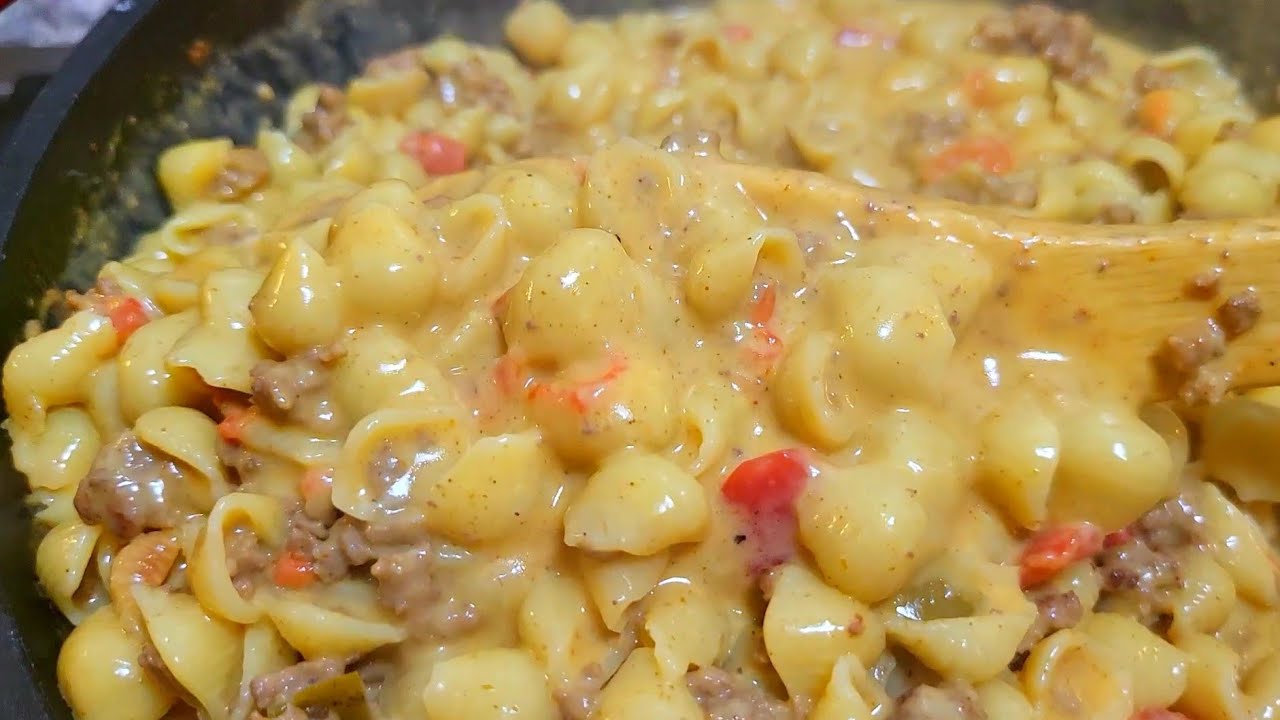 A one pot meal that feeds 4 to 6 people Creamy Shells And Beef Recipe