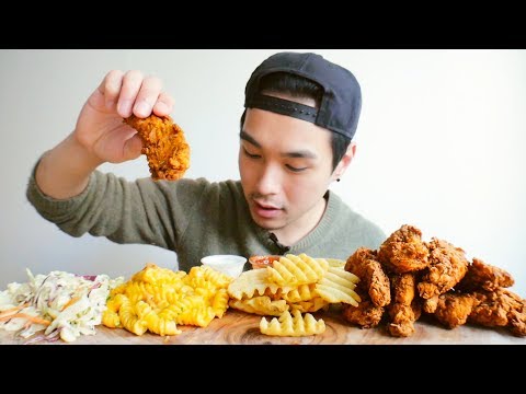 Tendies, Waffle Fries, Angry Mac & Cheese, and Coleslaw - MUKBANG