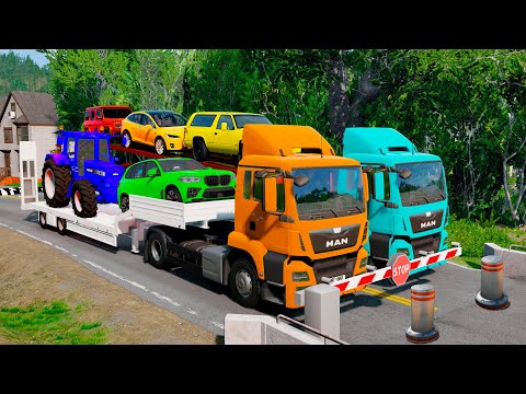 Transport McQueen with Truck Double Flatbed Trailer - Speedbumps vs Cars - BeamNG.Drive #1