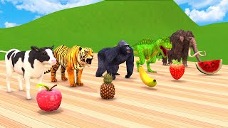Learn Animals Cow Elephant Mammoth Tiger Lion Gorilla Dinosaur | Wild Animals Eating Farm Fruits