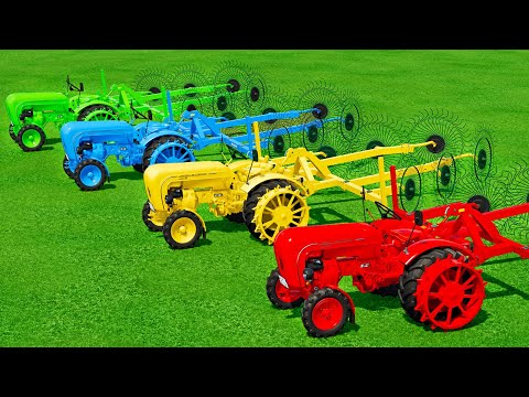 WINDROWING GRASS WITH MINI PORSCHE COLORED TRACTORS & HARVESTING - Farming Simulator 22