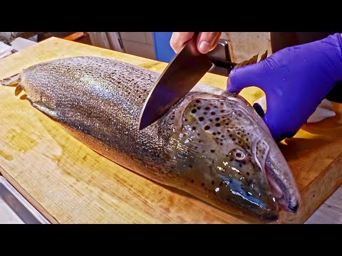 Amazing！Salmon Cutting Skills, Salmon Roe Rice, Luxurious Sashimi/鮭魚切割技能, 鮭魚卵丼飯, 炙燒握壽司製作