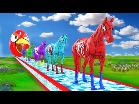 Red Horse Spiderman & Rainbow Horses Crossing over Spiders Bridge Challenge Vs Shark Spiders