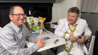 On set with Sean Astin playing a Scrooge-like character