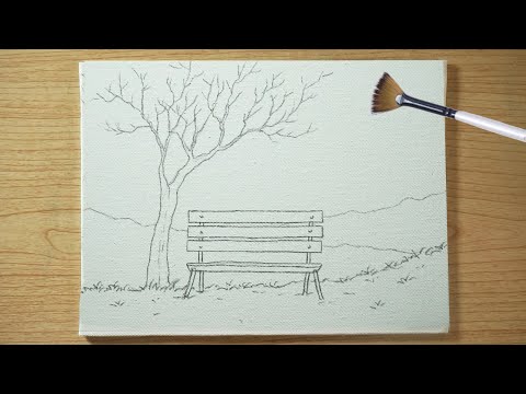 Calm Park Bench in Sunset/ Satisfying Acrylic Painting 🍃⛰️