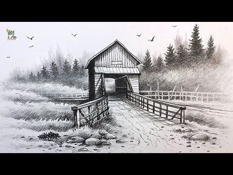 How to draw Wooden Covered Bridge in Scenery Art by Pencil