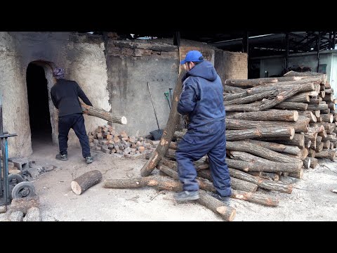 The process of making eco-friendly charcoal. White coal processing factory in South Korea