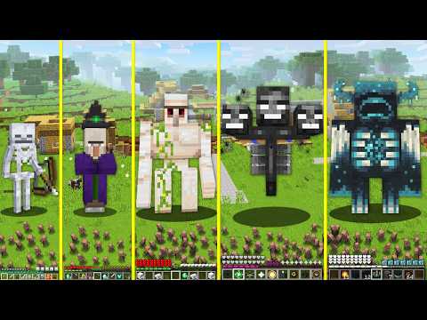 GIANT MOBS ATTACKED VILLAGE SKELETON WARDEN GOLEM WITCH WITHER VILLAGER in MINECRAFT HOW to PLAY