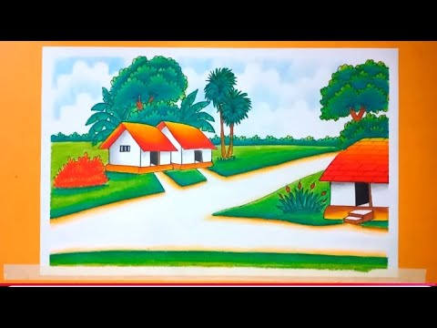 How to draw easy scenery drawing beautiful landscape village scenery drawing with oil pastel colour