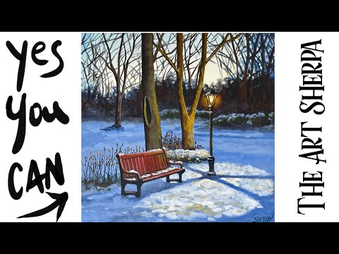 Winter Landscape Red Bench and glowing lamppost 🌟🎨 Painting tutorial step by step | The Art Sherpa