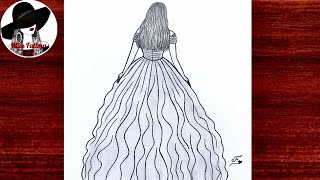 Easy Girl Backside Drawing | How To Draw A Girl With Beautiful Dress 