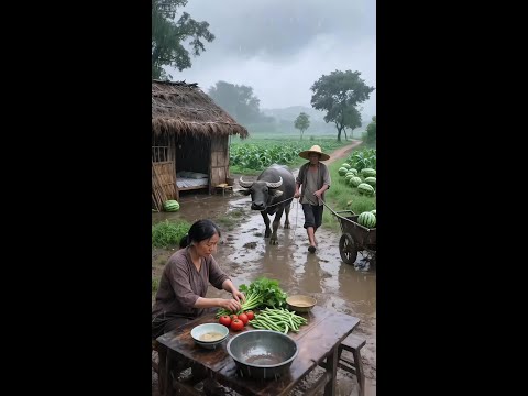 看這鄉村田園生活，雨落瓜田，草棚下的煙火日常。農村的暖，是煙火裡的飯菜香，是風雨中攜手的模樣，歲月很慢，卻滿是踏實#鄉村田園生活 #鄉愁記憶