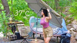 37°C🥵 VALLEY CAMPING WITH A ONE-TOUCH TENT UNDER PARASOL . KOREAN FOOD .