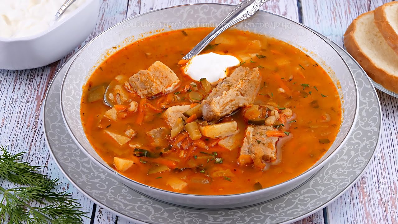 Наваристый Рассольник с перловкой, солеными огурцами и мясом!