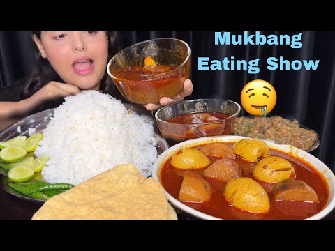 ASMR EATING Rice, Spicy Egg Curry, Lal Saag, Extra Gravy, Papad | Mukbang Eating Show