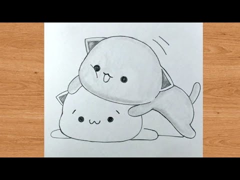 Black and white two love cats pencil drawing | cute animal draw@TaposhiartsAcademy