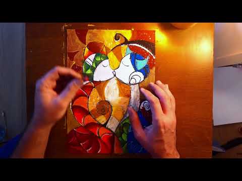 Loving Couple Cats Abstract Painting In Oil Pastel | Cats Lovers | Colorful Curvy Art