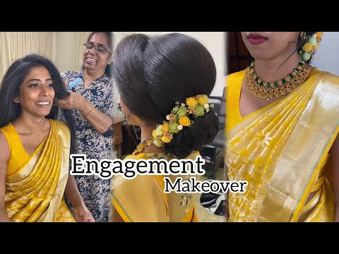 Engagement makeup and hairstyle for kerala bride.