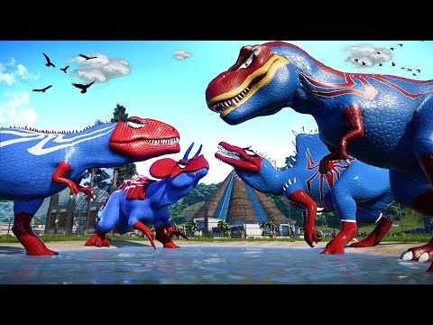 All Spiderman T-Rex vs SuperHero Dinosaurs Battle in Jurassic World |Dinosaur Pro 8 SuperHero Team