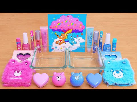 Pink vs Blue Care Bears - Mixing Makeup Eyeshadow Into Slime ASMR