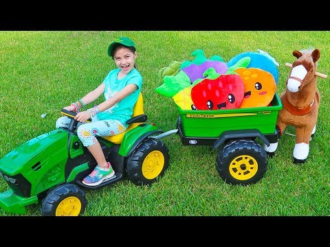 Pretend Play with Toy Horse and Ride On Tractor | Children Learn Names of Fruit and Vegetables
