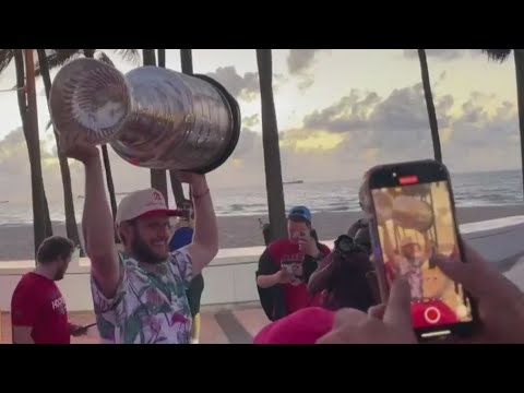 YouTube video thumbnail: Florida Panthers Captain Aleksander Barkov Arrives at Fort Lauderdale's Elbo Room With Stanley Cup