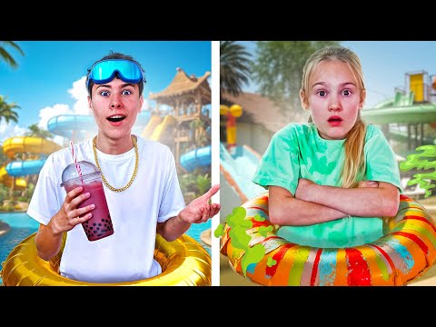 24 hours in the Water park RICH VS POOR Who will win Sergey or Polina