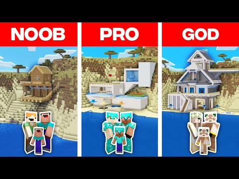 Minecraft NOOB vs PRO vs GOD: FAMILY BEACH HOUSE BUILD CHALLENGE in Minecraft! (Animation)