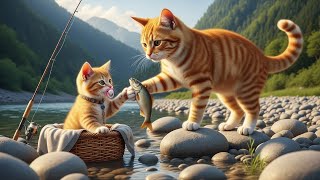 Mama Cat Catches Fish by the River, Heads Home to Cook Fish for Her Kitten 😸🐾🍲#cat #cute #funny