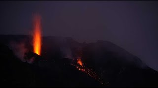 Stromboli volcano activity 2 Feb 2025 - lava spattering and occasional strombolian explosions