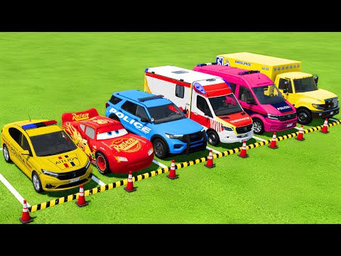 TRANSPORTING POLICE CARS, MCQUEEN CAR, AMBULANCE EMERGENCY VEHICLES WITH MAN TRUCKS ! FS22