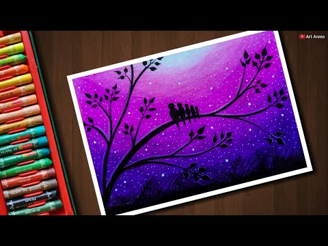 Love Birds scenery drawing for beginners with Oil Pastels - step by step
