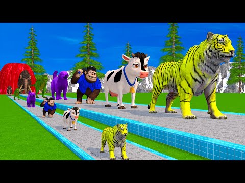 Paint & Animals Cow,Elephant,Lion,Tiger,Gorilla,Dinosaur, Fountain Crossing Transformation Cartoon