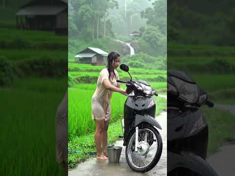 Washing a Motorcycle in the Rain | Peaceful Rain ASMR