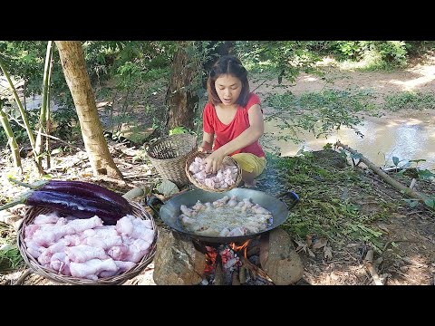 Chicken wing Cooking tasty with Chili sauce, Outdoors cooking & Eating delicious