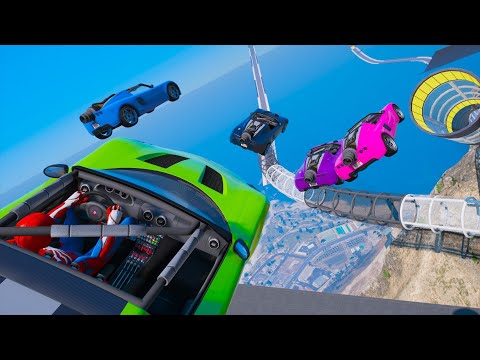 Carros motor jato com Homem Aranha e Heróis! Crazy Cars and Spiderman Сhallenge on Stunts Ramp GTA 5