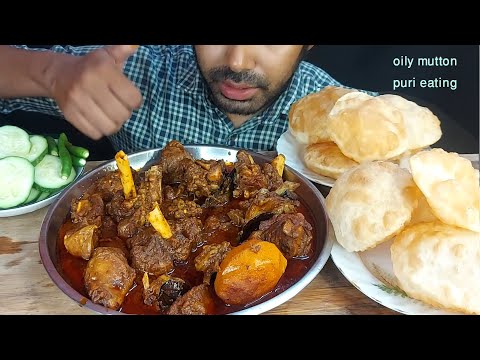 very spicy mutton masala with potato soaft luchi puri salad mutton gravy eating show mukbang food