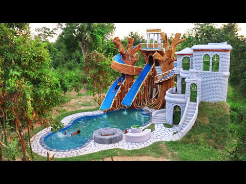 [Full Video]Build Creative Beautiful Water Slide Park Round Tree To Swimming Pool &  Villa In Forest