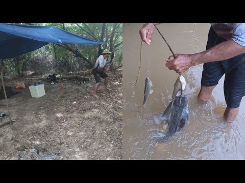 Depois do susto na beirada do acampamento, montamos um esquema de pesca infalível