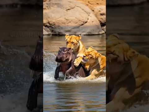Mother Hippo Defends Her Calf From Vicious Lion Attacks! #wildlife #animals #rescue