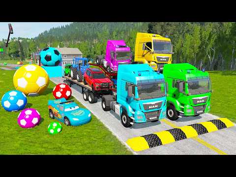 Flatbed Trailer McQueen Transportation with Truck - Speedbumps vs Cars vs Train - BeamNG.Drive #8