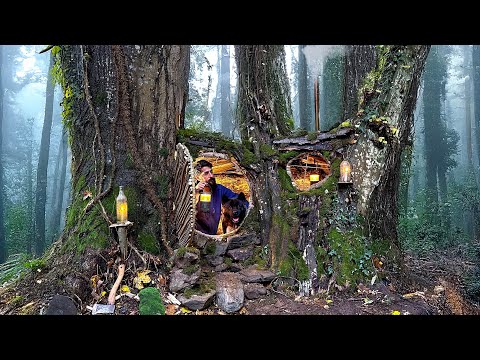 3 Days SOLO SURVIVAL CAMPING In RAIN; Building Warm BUSHCRAFT SHELTER. TREE House. Fish Cooking