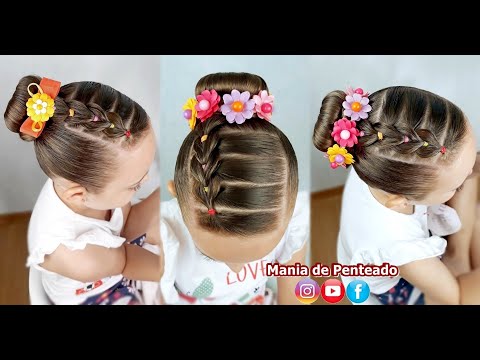 Penteado Infantil com trança falsa e coque rosquinha / Bun hairstyle for little girls