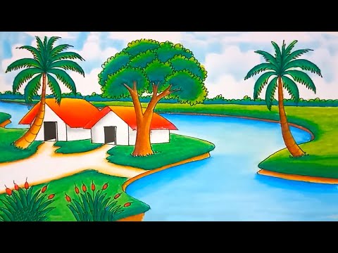 How to draw beautiful riverside village scenery | landscape village drawing with oil pastel color