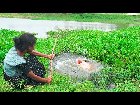 Fishing Video || Traditional girl fishing in the canal with a hook on the side of the national road