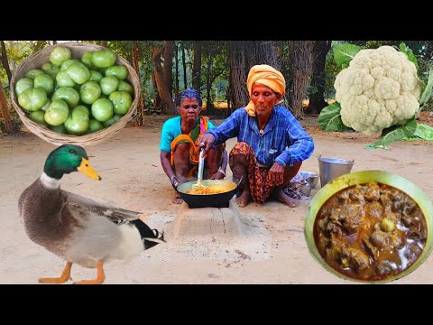 80 years old grandma cooking DUCK CURRY with GREEN TOMATOES and eating || village cooking lifestyle