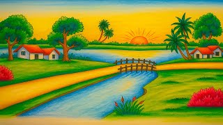 How to Draw a Beautiful Village Scenery | Easy Sunset Landscape Drawing with Bridge and River